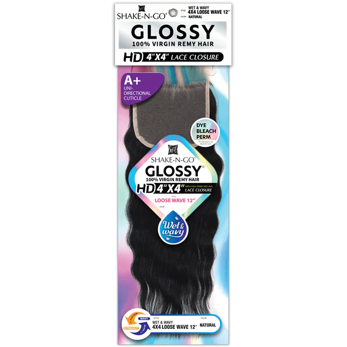 Shake N Go Glossy 100% Virgin Remy Hair A+ Wet & Wavy HD 4x4 Lace Closure - LOOSE WAVE 12"